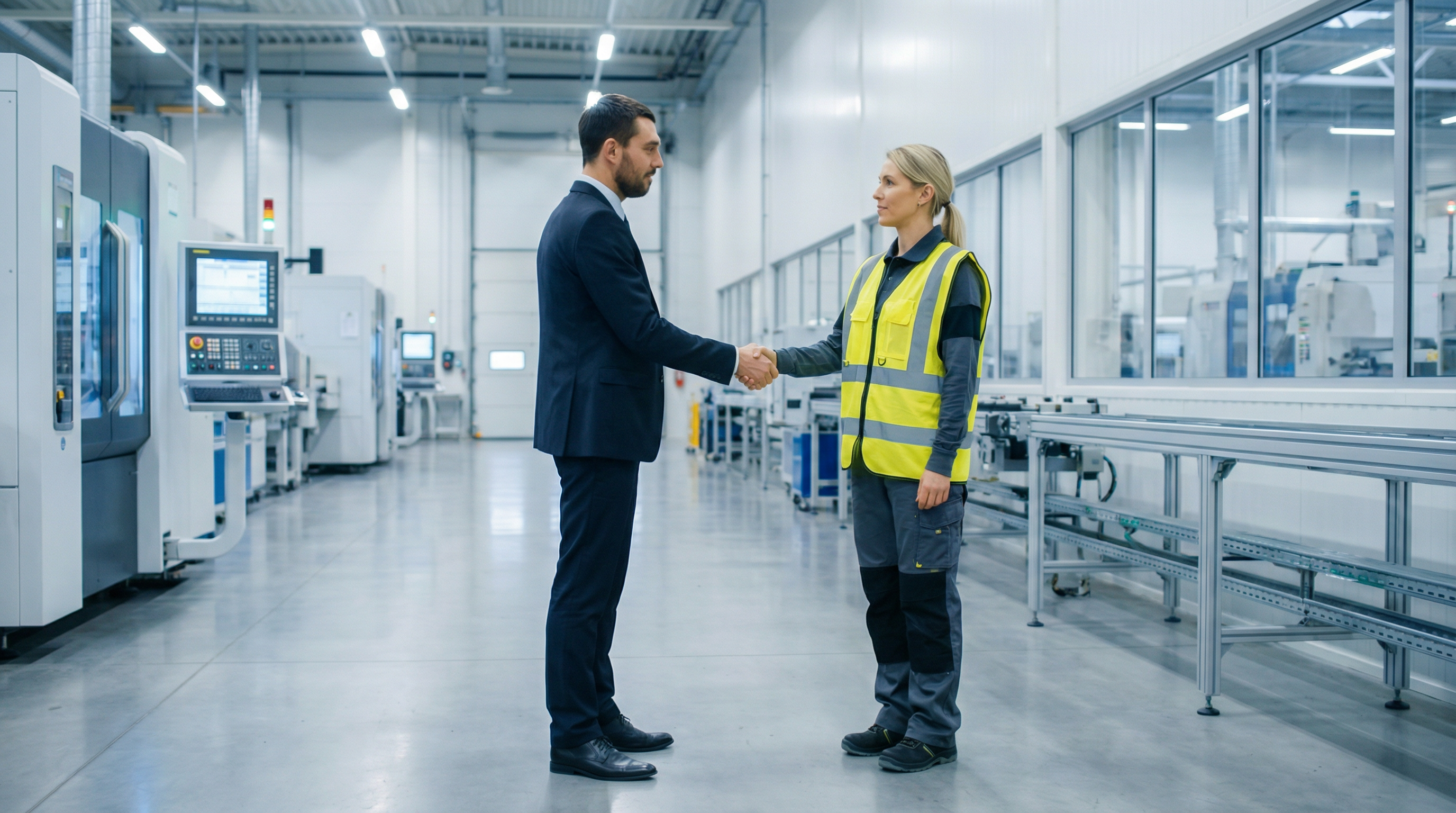 Business professionals shaking hands in industrial factory setting