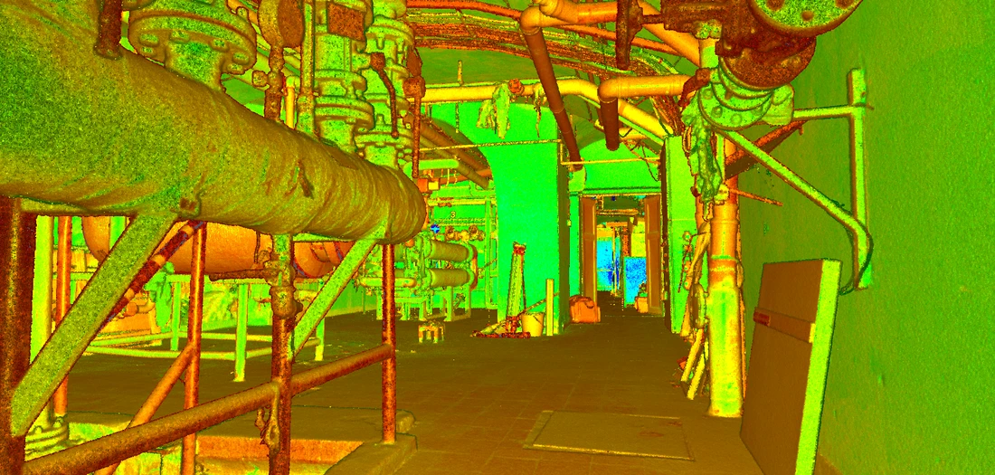 3D laser scanning point cloud visualization showing industrial piping systems in vibrant heat map colors
