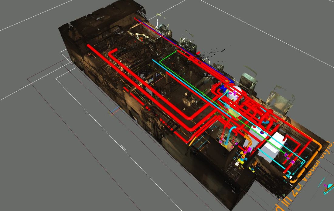 3D BIM model showing colorful piping systems overlaid on scanned building structure